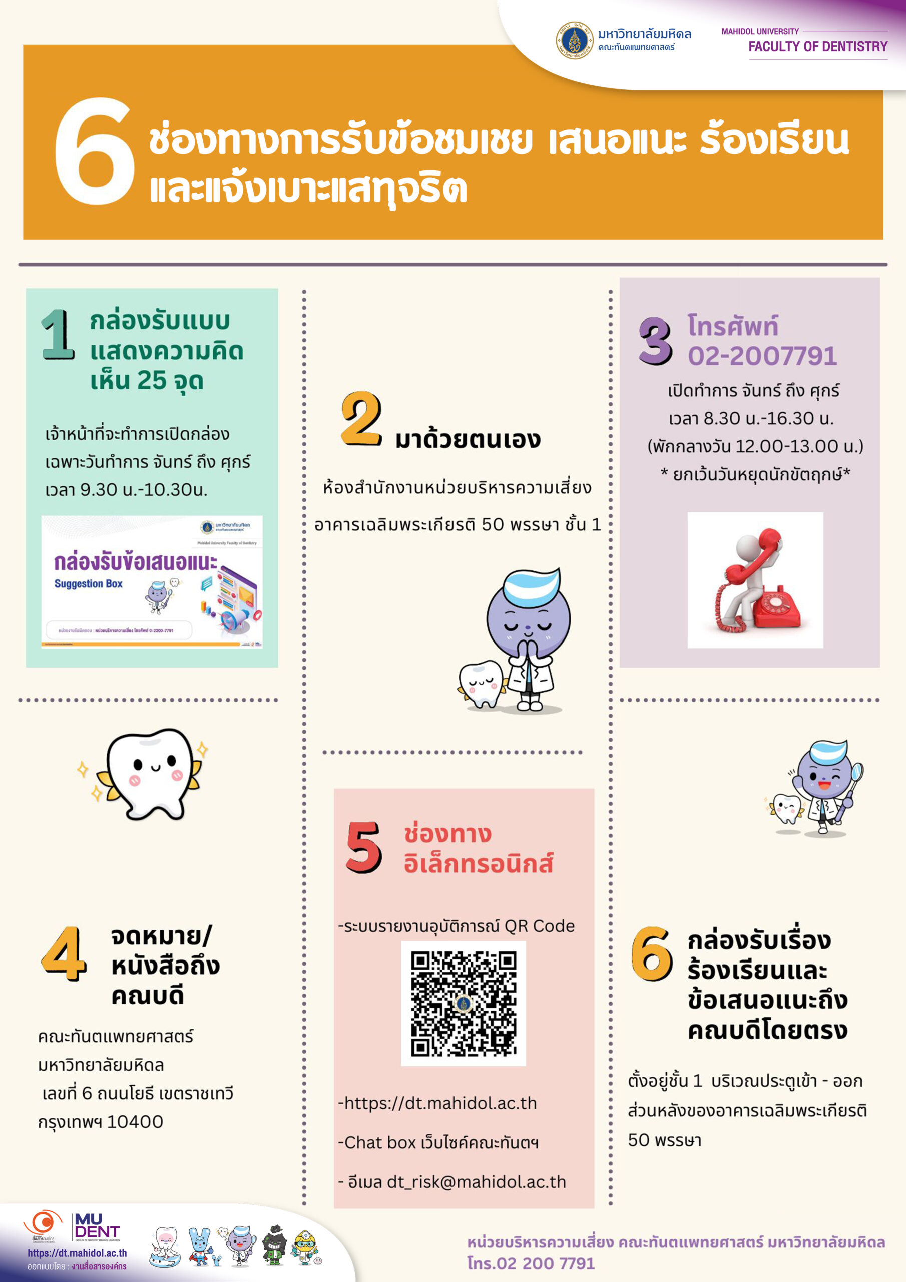 6 ช่องทางการรับข้อชมเชย เสนอแนะ  ร้องเรียน และแจ้งเบาะแสทุจริต