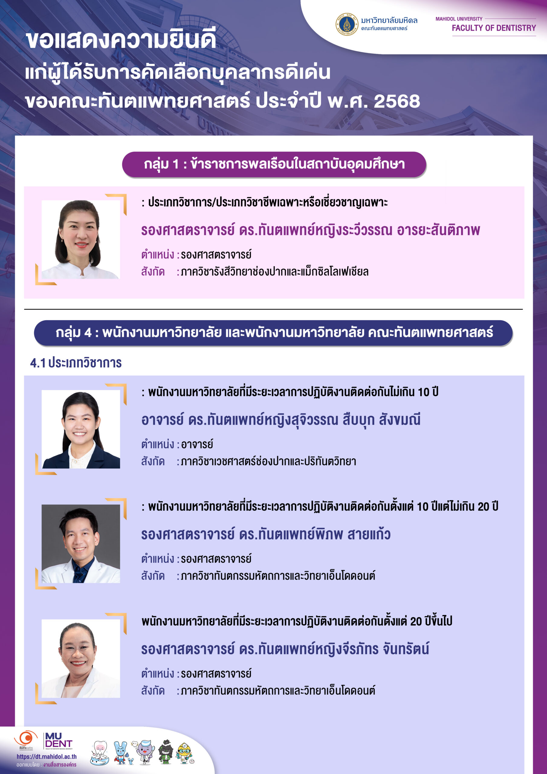 ขอแสดงความยินดี แก่ผู้ได้รับการคัดเลือก บุคลากรดีเด่น ของคณะทันตแพทยศาสตร์ มหาวิทยาลัยมหิดล ประจำปี พ.ศ. 2568